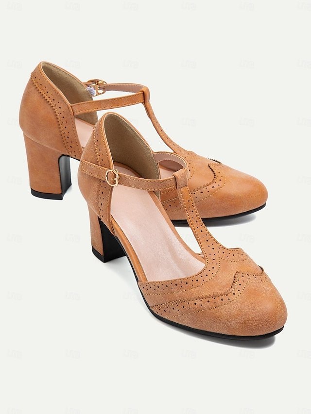 Elegant Vintage Chunky Heel Brogue T-Strap Leather Pumps - Image 2