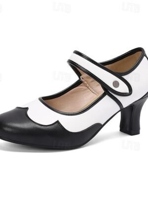Elegant Vintage Faux Leather Round Toe Mary Jane Cuban Heel Sandals - Image 11