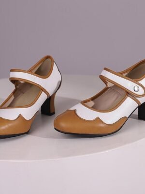 Elegant Vintage Faux Leather Round Toe Mary Jane Cuban Heel Sandals - Image 18