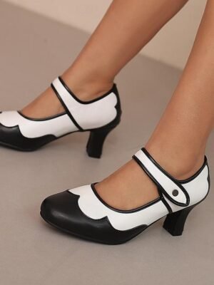 Elegant Vintage Faux Leather Round Toe Mary Jane Cuban Heel Sandals - Image 7