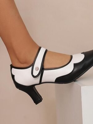 Elegant Vintage Faux Leather Round Toe Mary Jane Cuban Heel Sandals - Image 9