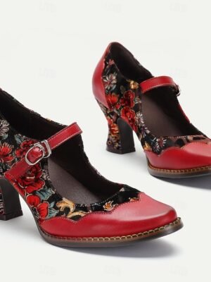 Elegant Vintage Floral Embroidered Round Toe Mary Jane Pumps - Image 1