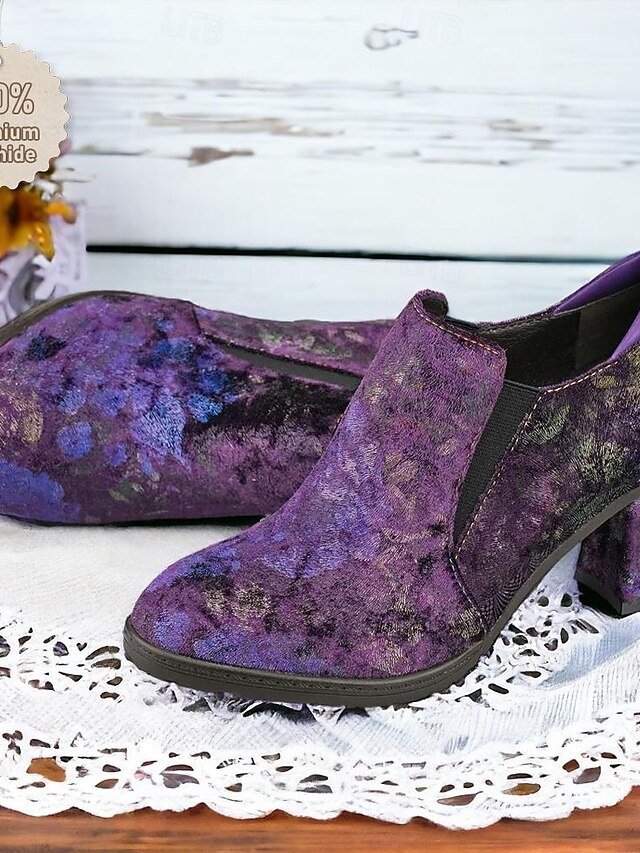 Elegant Vintage Floral Suede Heeled Ankle Booties - Image 1