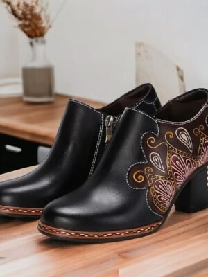 Elegant Vintage Geometric Cone Heel Round Toe Pumps - Image 23