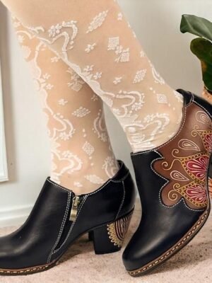 Elegant Vintage Geometric Cone Heel Round Toe Pumps - Image 24