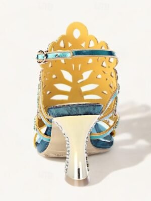 Elegant Vintage Peacock Feather Rhinestone Peep Toe Buckle Stiletto Block Heels - Image 12