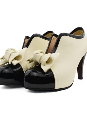 Elegant Vintage Two-Tone Bow Heeled Ankle Boots - Image 2