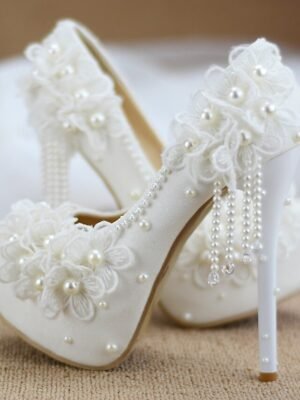 Elegant Wedding Platform Lace Floral Appliqué Pearl Heels - Image 1