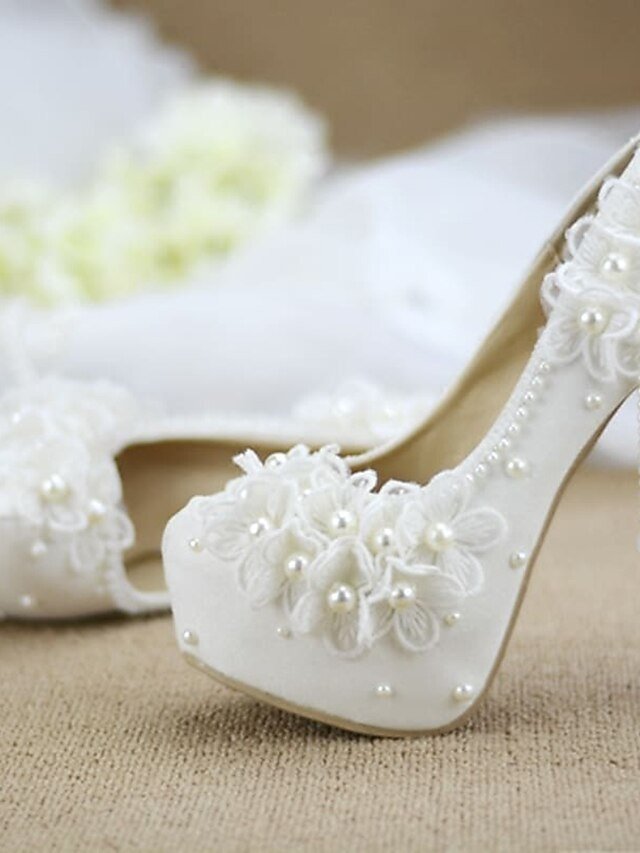 Elegant Wedding Platform Lace Floral Appliqué Pearl Heels - Image 2