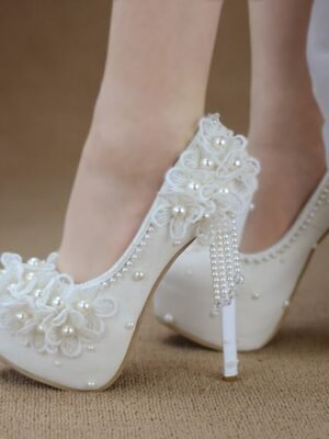 Elegant Wedding Platform Lace Floral Appliqué Pearl Heels - Image 4
