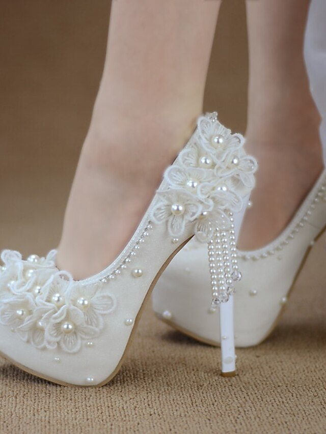 Elegant Wedding Platform Lace Floral Appliqué Pearl Heels - Image 4