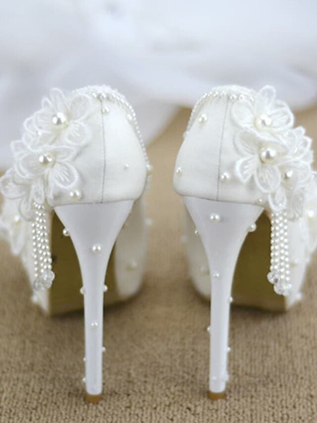 Elegant Wedding Platform Lace Floral Appliqué Pearl Heels - Image 5