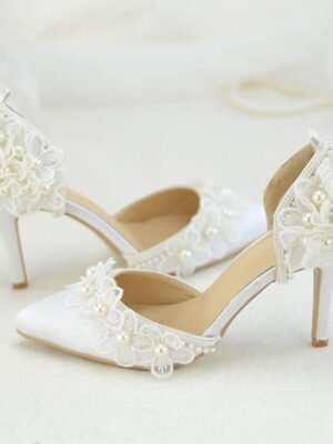 Elegant Wedding Platform Lace Floral Appliqué Pearl Heels - Image 6