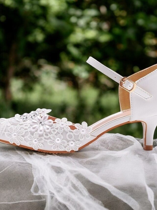 Elegant White Lace Floral Embroidered Kitten Heel Ankle Strap Shoes - Image 1