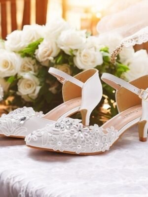 Elegant White Lace Floral Embroidered Kitten Heel Ankle Strap Shoes - Image 2