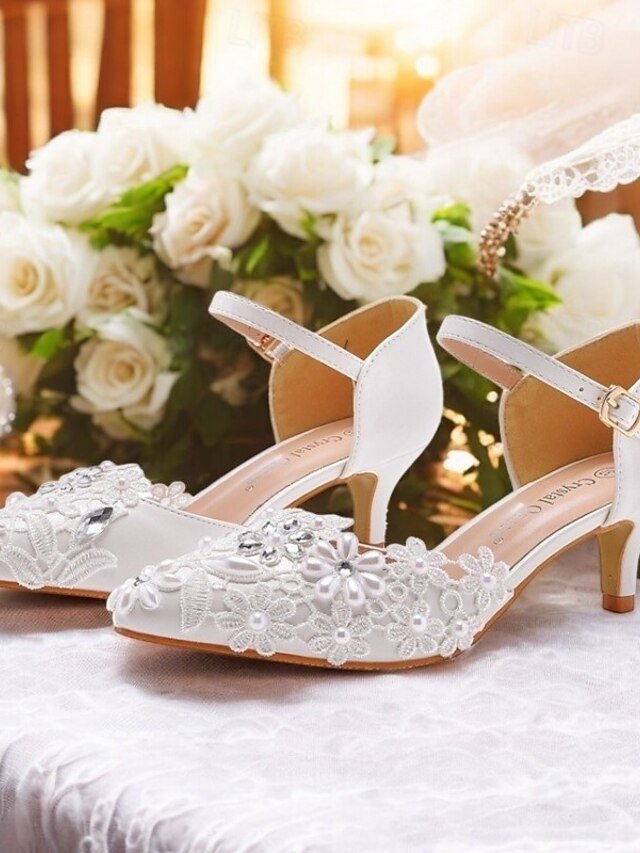 Elegant White Lace Floral Embroidered Kitten Heel Ankle Strap Shoes - Image 2