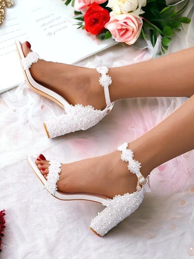 Elegant White Lace Pearl Floral Block Heel Sandals - Image 1