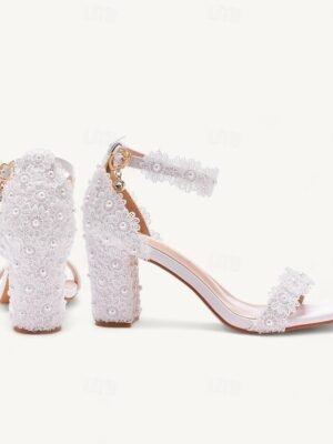 Elegant White Lace Pearl Floral Block Heel Sandals - Image 3