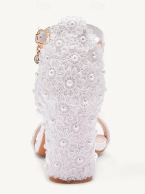 Elegant White Lace Pearl Floral Block Heel Sandals - Image 5