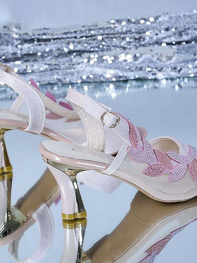 Elegant White Mesh Rhinestone Open Toe Heeled Sandals - Image 11