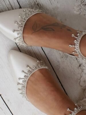 Elegant White Rhinestone Ankle Strap Flats - Image 2