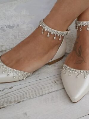 Elegant White Rhinestone Ankle Strap Flats - Image 3