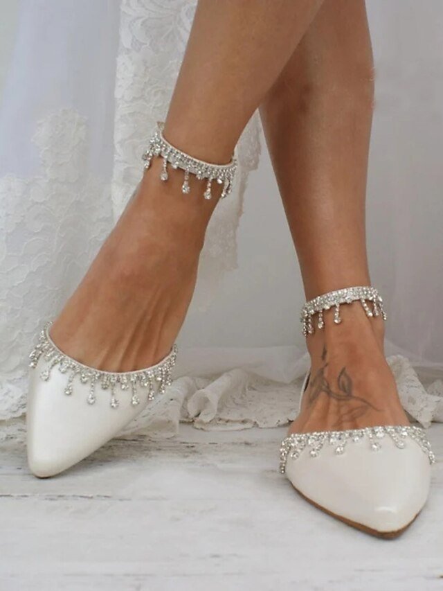 Elegant White Rhinestone Ankle Strap Flats - Image 4