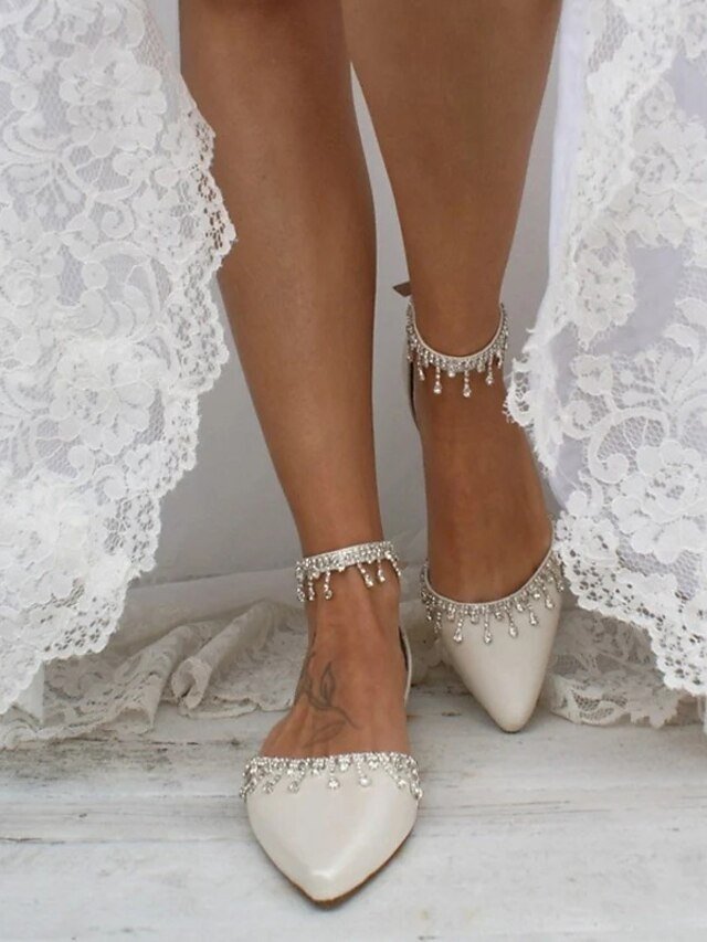 Elegant White Rhinestone Ankle Strap Flats - Image 7