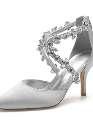 Elegant White Satin Crystal Strap Pointed Toe Heels - Image 2