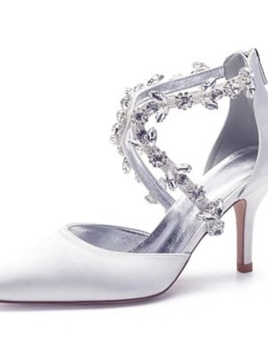 Elegant White Satin Crystal Strap Pointed Toe Heels - Image 3