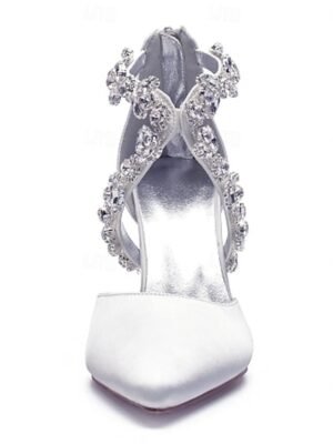 Elegant White Satin Crystal Strap Pointed Toe Heels - Image 4