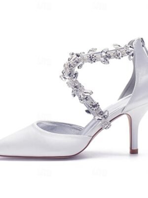 Elegant White Satin Crystal Strap Pointed Toe Heels - Image 5