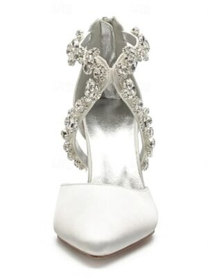 Elegant White Satin Crystal Strap Pointed Toe Heels - Image 7