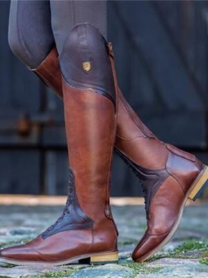 Equestrian Knee-High Colour Block Pointed Toe Faux Leather Riding Boots - Image 8