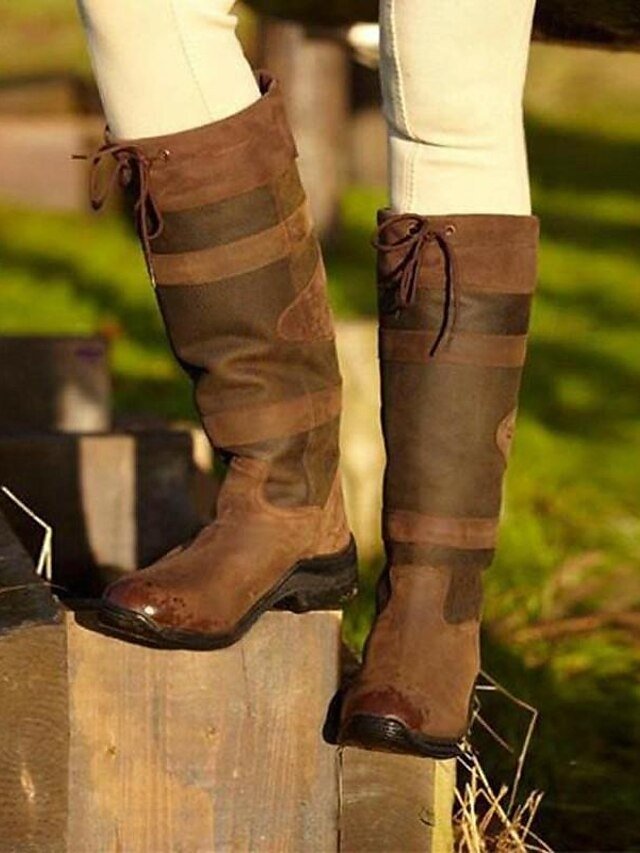 Equestrian Tall Brown Round Toe Chunky Heel Riding Boots - Image 2
