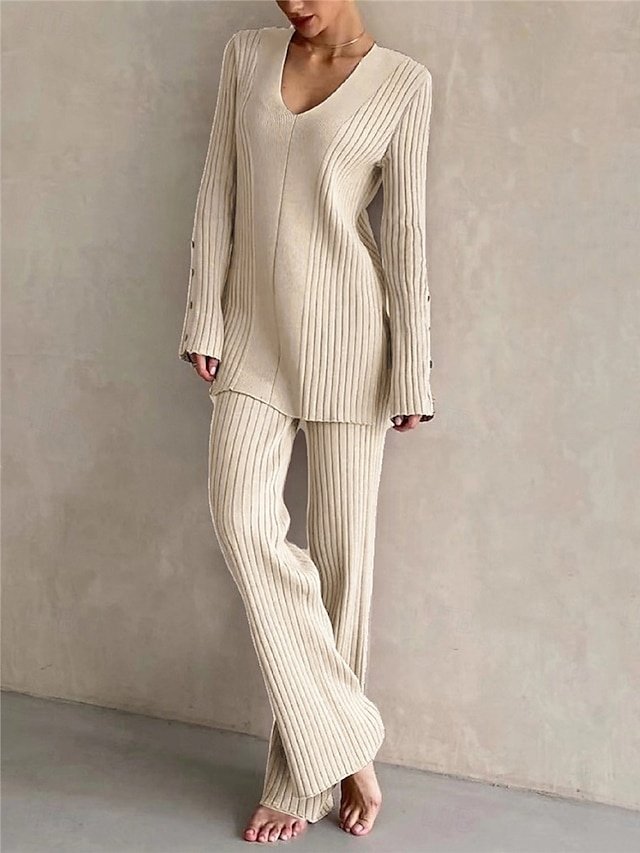 Fashion Basic V Wire Long Sleeve Knit Sweater Pant Set - Image 1