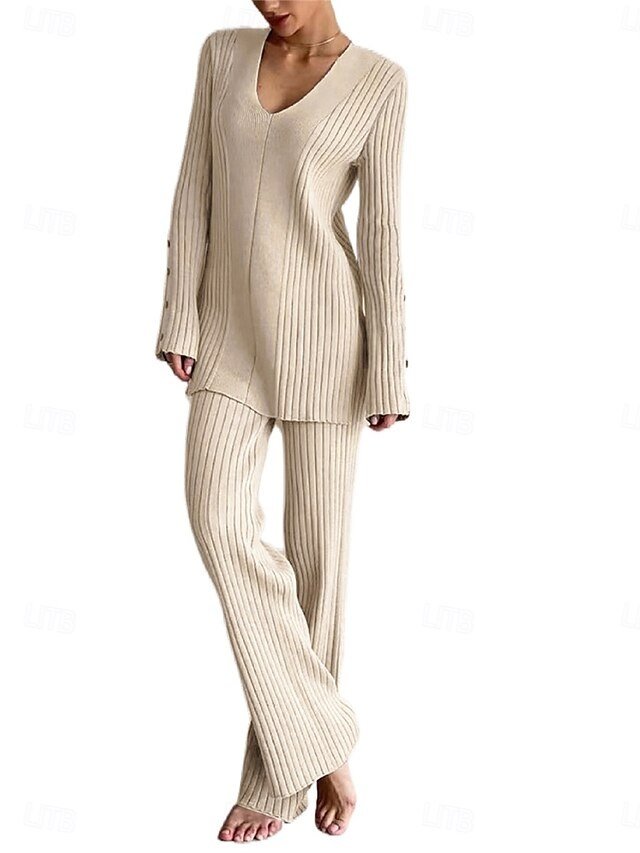 Fashion Basic V Wire Long Sleeve Knit Sweater Pant Set - Image 2