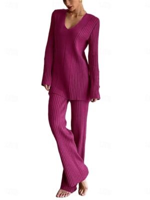 Fashion Basic V Wire Long Sleeve Knit Sweater Pant Set - Image 3
