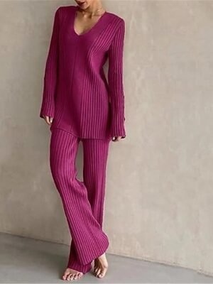 Fashion Basic V Wire Long Sleeve Knit Sweater Pant Set - Image 4