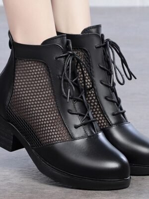 Fashion Breathable Mesh Panel Lace-Up Ankle Block Heel Boots - Image 6
