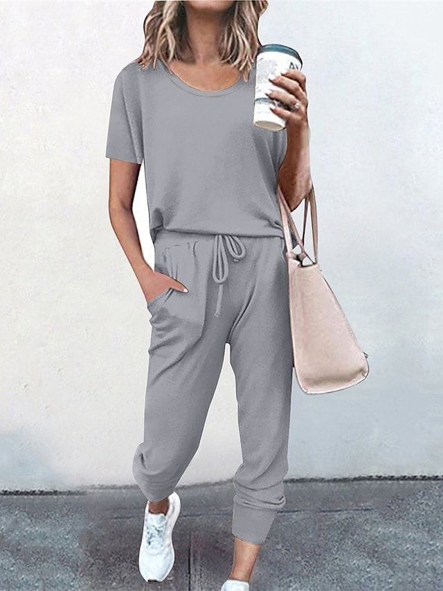 Fashion Casual Crew Neck Short Sleeve Loungewear Set - Image 2