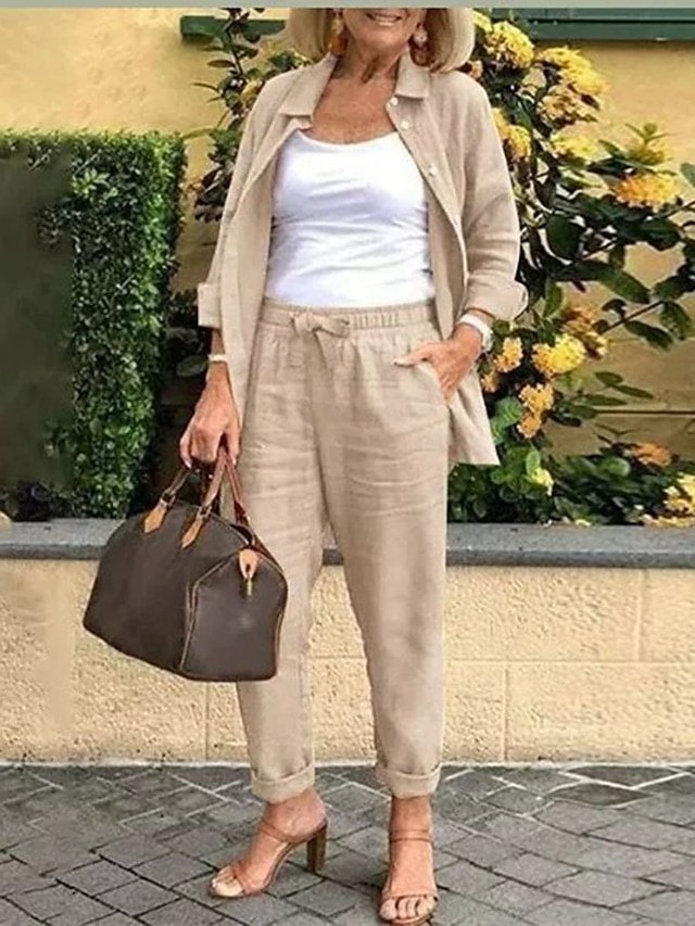 Fashion Casual Loose Linen V Neck Long Sleeve Two Piece Set - Image 1