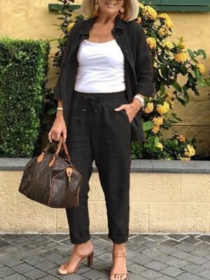 Fashion Casual Loose Linen V Neck Long Sleeve Two Piece Set - Image 7