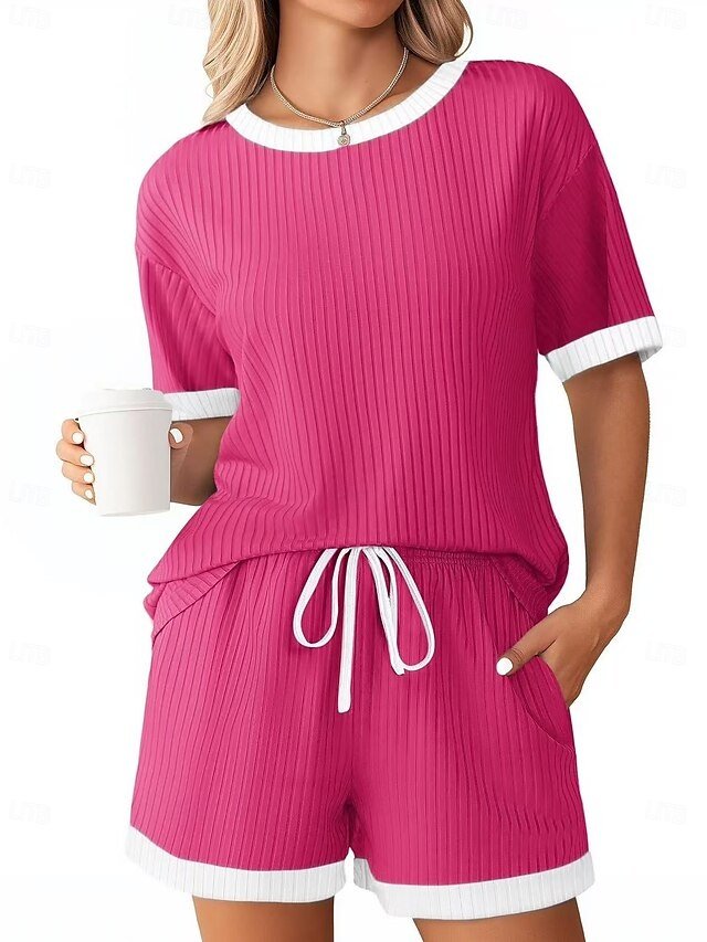 Fashion Casual Patchwork Crew Neck Short Sleeve Loungewear Set - Image 2