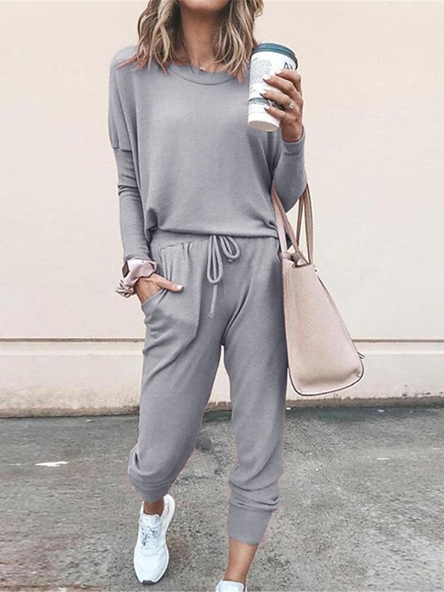 Fashion Casual Pure Colour Crew Neck Long Sleeve Pajama Set - Image 1