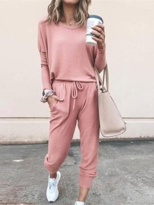 Fashion Casual Pure Colour Crew Neck Long Sleeve Pajama Set - Image 4