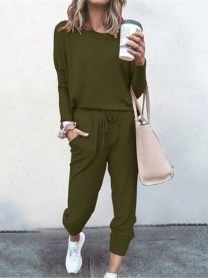 Fashion Casual Pure Colour Crew Neck Long Sleeve Pajama Set - Image 6