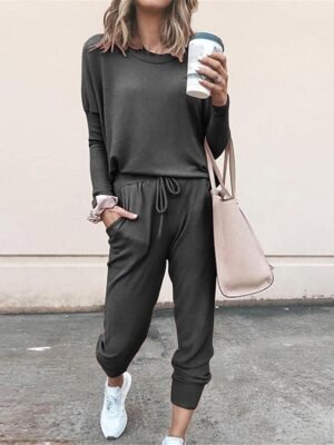 Fashion Casual Pure Colour Crew Neck Long Sleeve Pajama Set - Image 8