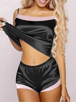 Fashion Casual Pure Colour Sleeveless Strap Top Shorts Backless Pajama Set - Image 1