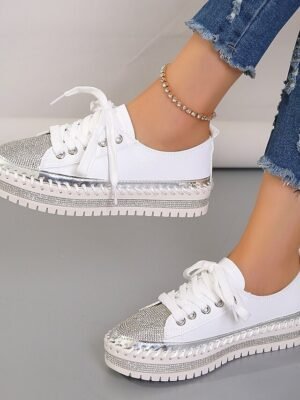 Fashion Casual Rhinestone Round Toe Lace-up Flat Heel Sneakers - Image 5